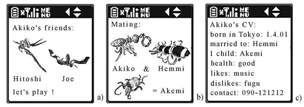 Examples of pet's friendships (a), mating (b), and curriculum vitae (c).