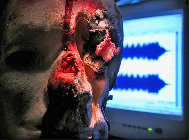 Ein Detail mit der angesprochenen Kopfplastik und laufender Sprachpräsentation im Hintergrund